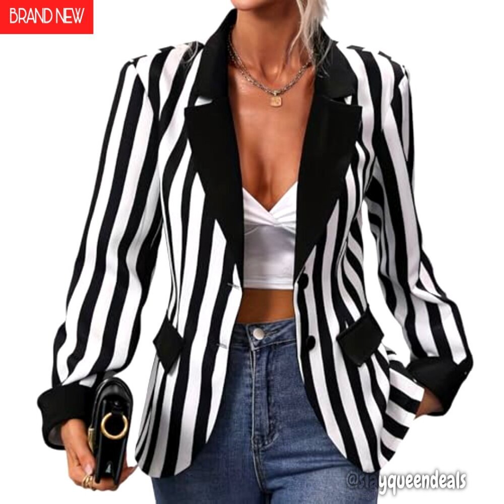 Striped Blazer Suit Long Sleeve Open Front Cardigan Halloween Cosplay Outfit - Picture 2 of 8